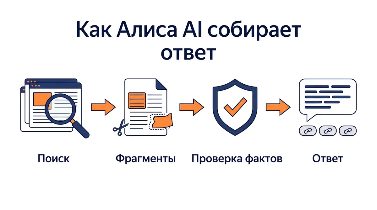 Схема из четырёх шагов: поиск документов, выделение фрагментов, проверка фактов, ответ со ссылками на источники