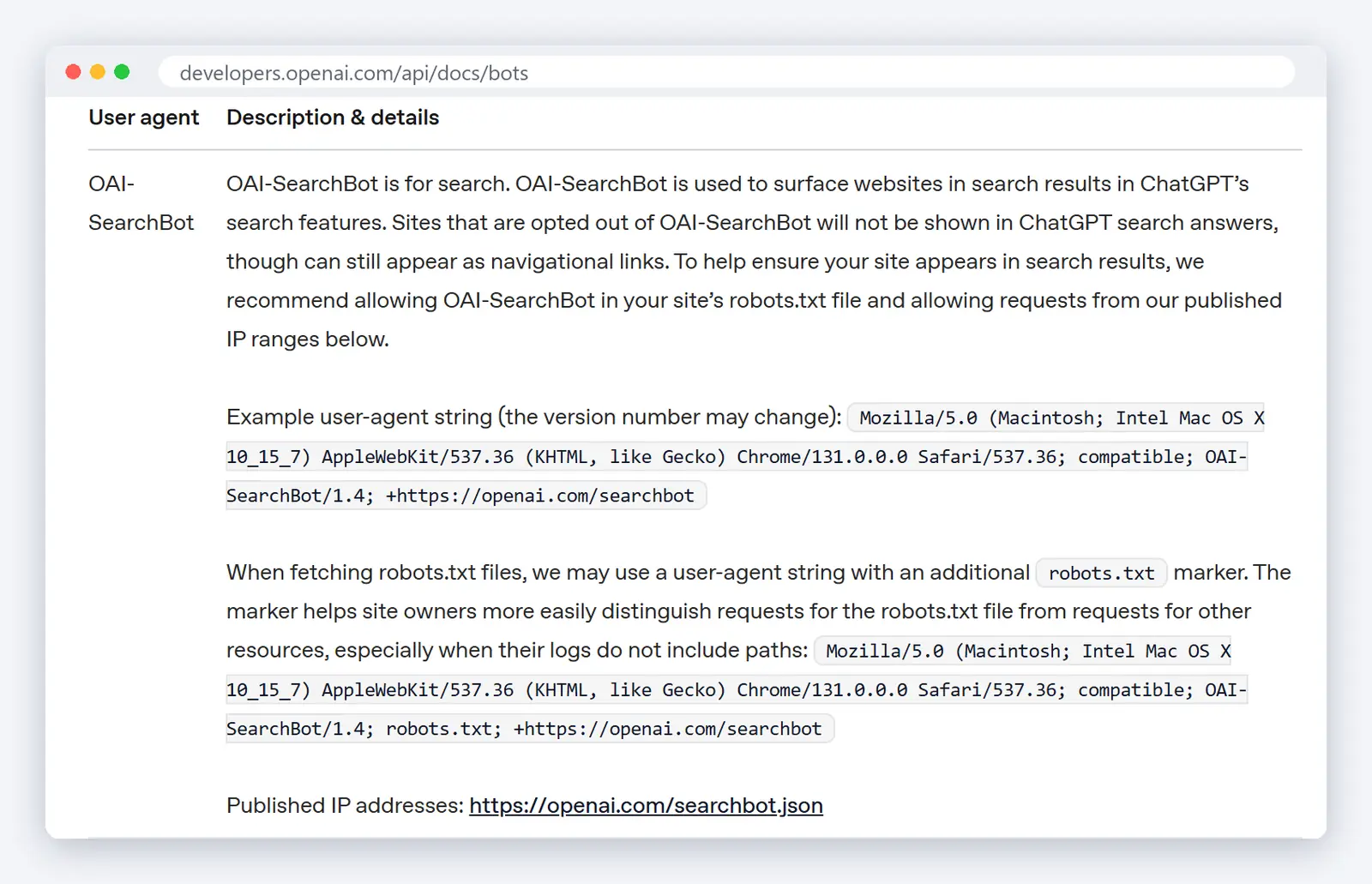 Скриншот документации OpenAI о роботе OAI-SearchBot для поиска ChatGPT