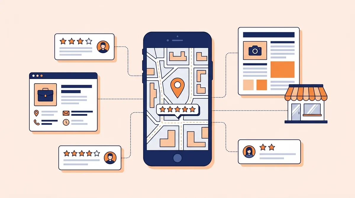 Смартфон с картой и меткой организации, вокруг карточки отзывов, справочников и публикаций